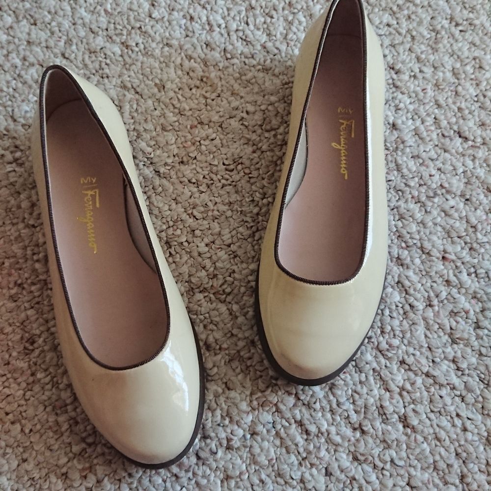 Salvatore Ferragamo beige Patent Leather wedges size 7.5